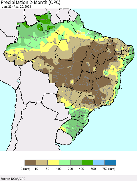 Brazil Precipitation 2-Month (CPC) Thematic Map For 6/21/2023 - 8/20/2023