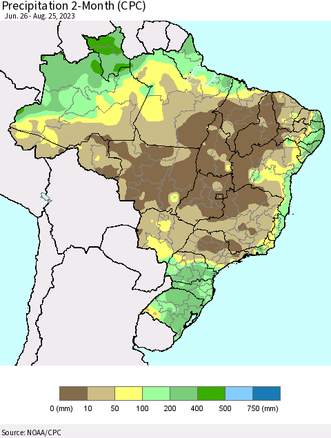 Brazil Precipitation 2-Month (CPC) Thematic Map For 6/26/2023 - 8/25/2023