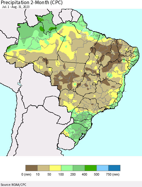 Brazil Precipitation 2-Month (CPC) Thematic Map For 7/1/2023 - 8/31/2023
