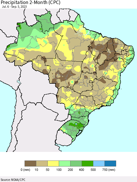 Brazil Precipitation 2-Month (CPC) Thematic Map For 7/6/2023 - 9/5/2023