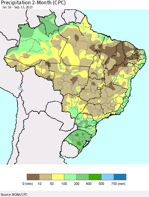 Brazil Precipitation 2-Month (CPC) Thematic Map For 7/16/2023 - 9/15/2023