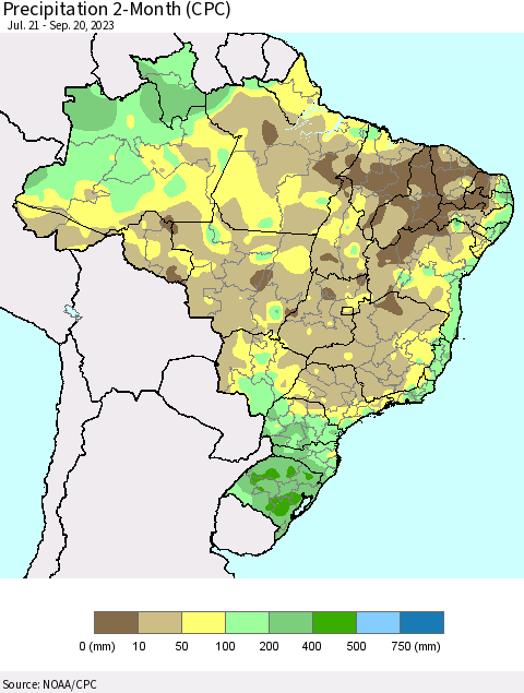 Brazil Precipitation 2-Month (CPC) Thematic Map For 7/21/2023 - 9/20/2023