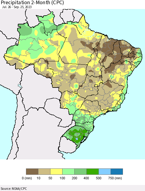 Brazil Precipitation 2-Month (CPC) Thematic Map For 7/26/2023 - 9/25/2023
