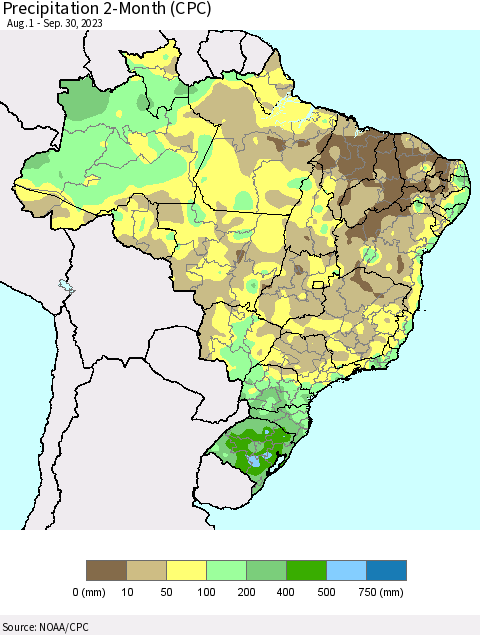 Brazil Precipitation 2-Month (CPC) Thematic Map For 8/1/2023 - 9/30/2023