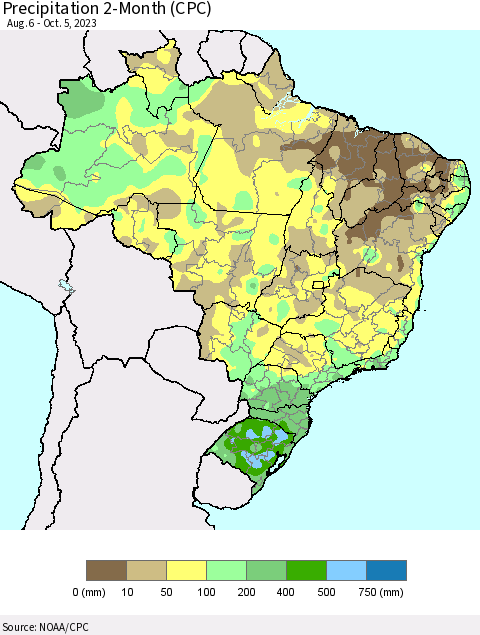 Brazil Precipitation 2-Month (CPC) Thematic Map For 8/6/2023 - 10/5/2023