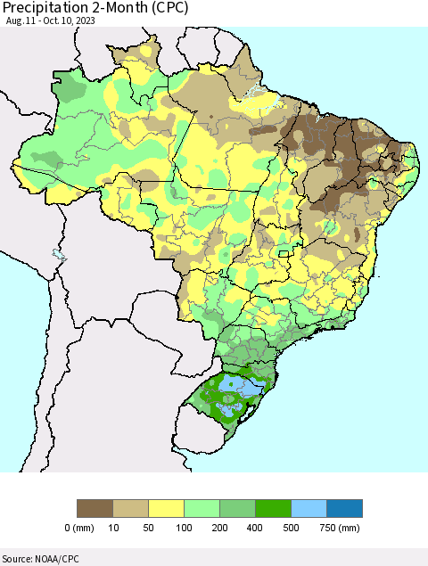 Brazil Precipitation 2-Month (CPC) Thematic Map For 8/11/2023 - 10/10/2023