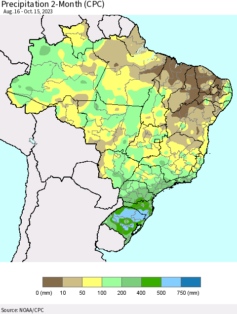 Brazil Precipitation 2-Month (CPC) Thematic Map For 8/16/2023 - 10/15/2023