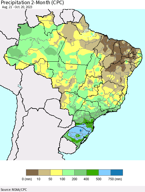 Brazil Precipitation 2-Month (CPC) Thematic Map For 8/21/2023 - 10/20/2023