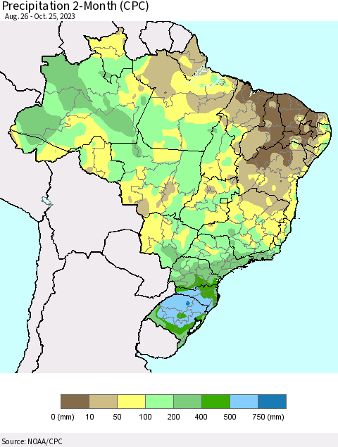 Brazil Precipitation 2-Month (CPC) Thematic Map For 8/26/2023 - 10/25/2023