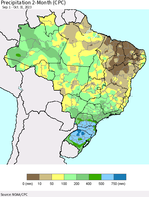 Brazil Precipitation 2-Month (CPC) Thematic Map For 9/1/2023 - 10/31/2023