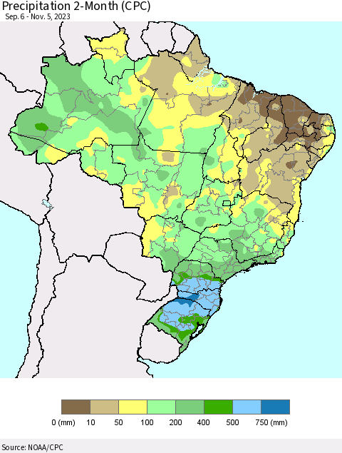 Brazil Precipitation 2-Month (CPC) Thematic Map For 9/6/2023 - 11/5/2023