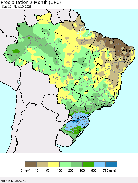 Brazil Precipitation 2-Month (CPC) Thematic Map For 9/11/2023 - 11/10/2023
