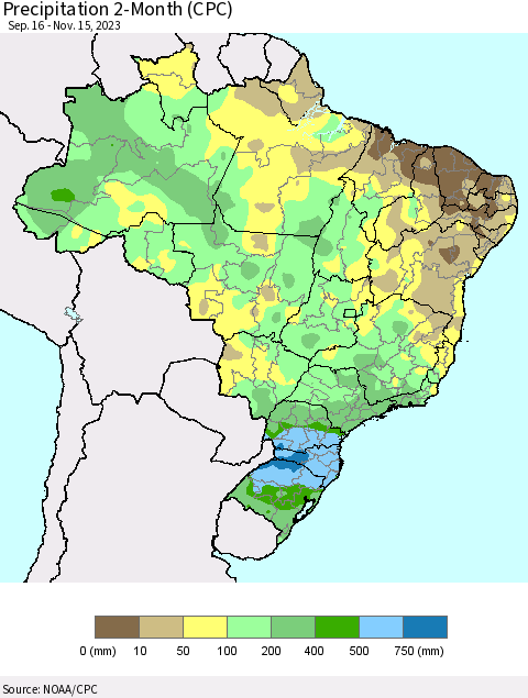 Brazil Precipitation 2-Month (CPC) Thematic Map For 9/16/2023 - 11/15/2023