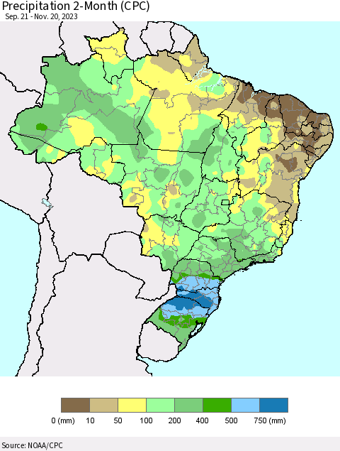 Brazil Precipitation 2-Month (CPC) Thematic Map For 9/21/2023 - 11/20/2023