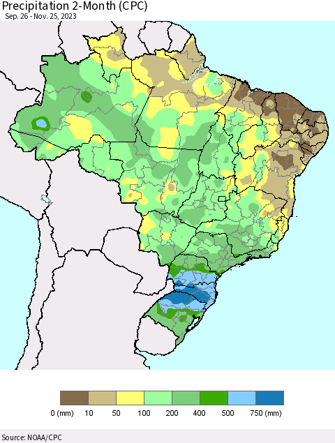 Brazil Precipitation 2-Month (CPC) Thematic Map For 9/26/2023 - 11/25/2023
