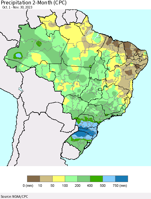 Brazil Precipitation 2-Month (CPC) Thematic Map For 10/1/2023 - 11/30/2023