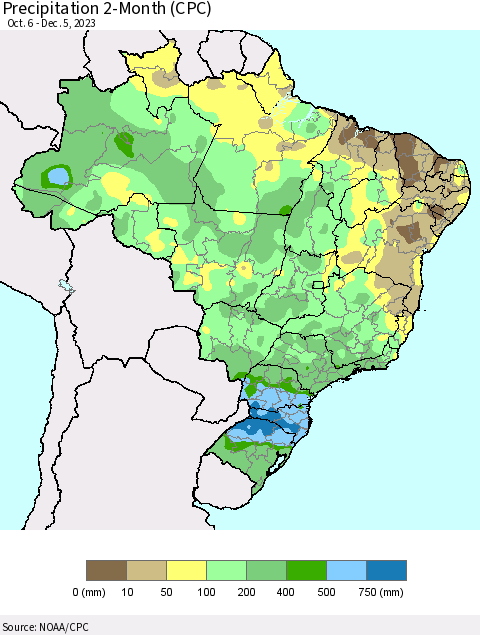 Brazil Precipitation 2-Month (CPC) Thematic Map For 10/6/2023 - 12/5/2023