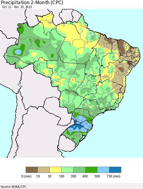 Brazil Precipitation 2-Month (CPC) Thematic Map For 10/11/2023 - 12/10/2023