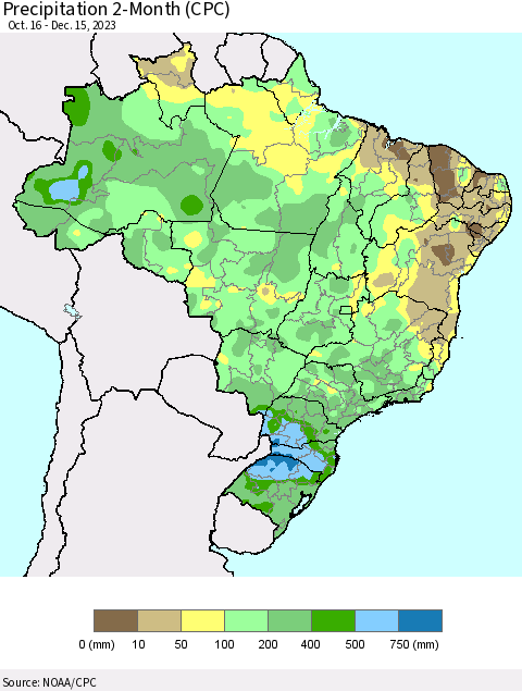 Brazil Precipitation 2-Month (CPC) Thematic Map For 10/16/2023 - 12/15/2023