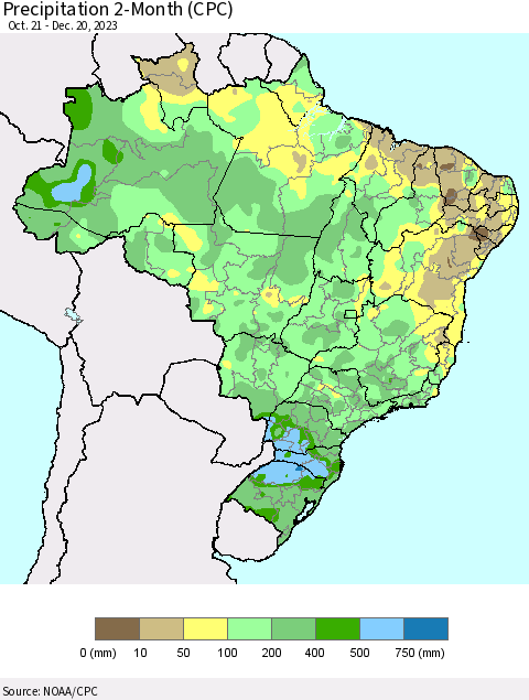 Brazil Precipitation 2-Month (CPC) Thematic Map For 10/21/2023 - 12/20/2023