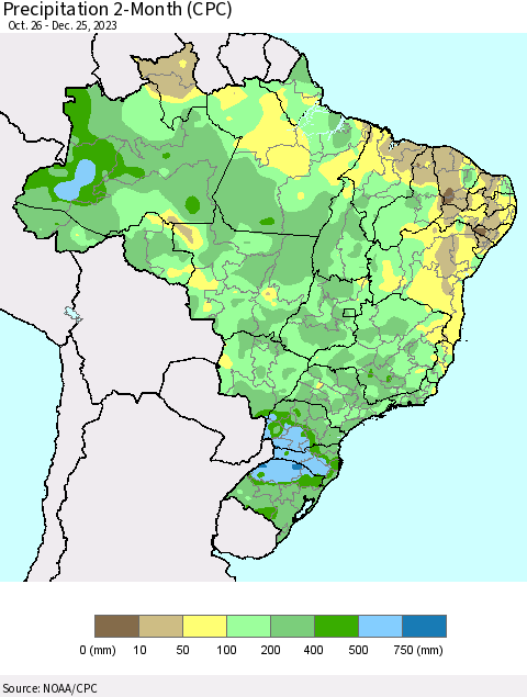 Brazil Precipitation 2-Month (CPC) Thematic Map For 10/26/2023 - 12/25/2023