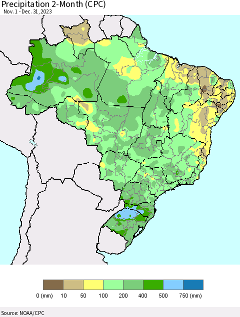 Brazil Precipitation 2-Month (CPC) Thematic Map For 11/1/2023 - 12/31/2023