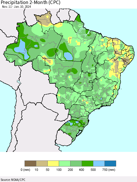 Brazil Precipitation 2-Month (CPC) Thematic Map For 11/11/2023 - 1/10/2024