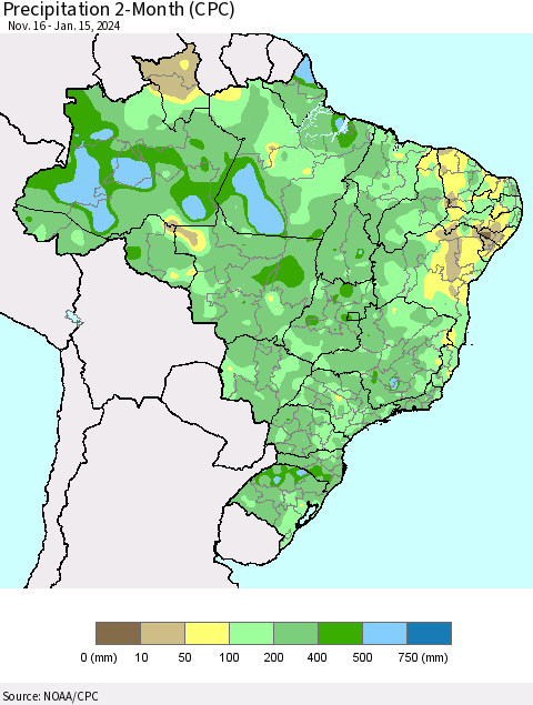 Brazil Precipitation 2-Month (CPC) Thematic Map For 11/16/2023 - 1/15/2024