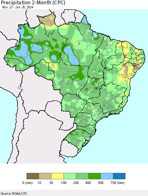 Brazil Precipitation 2-Month (CPC) Thematic Map For 11/21/2023 - 1/20/2024
