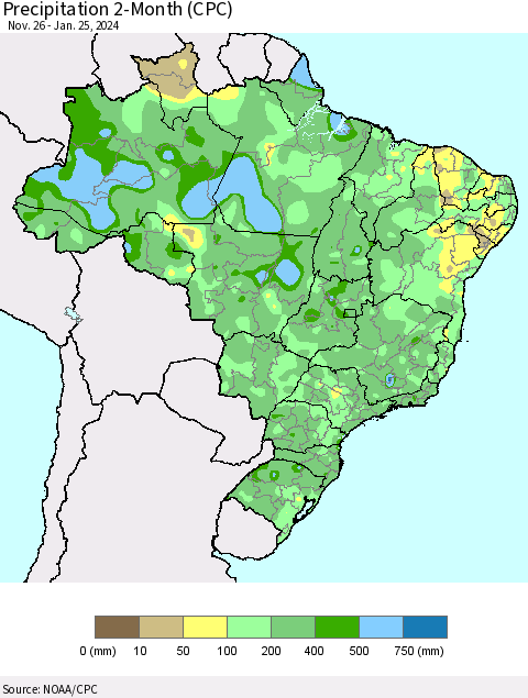 Brazil Precipitation 2-Month (CPC) Thematic Map For 11/26/2023 - 1/25/2024