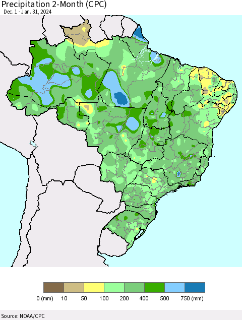 Brazil Precipitation 2-Month (CPC) Thematic Map For 12/1/2023 - 1/31/2024