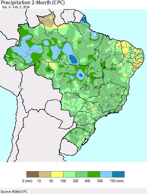 Brazil Precipitation 2-Month (CPC) Thematic Map For 12/6/2023 - 2/5/2024