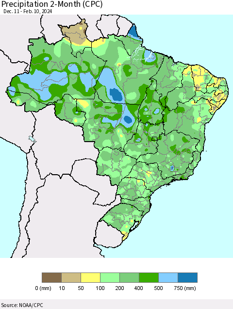 Brazil Precipitation 2-Month (CPC) Thematic Map For 12/11/2023 - 2/10/2024