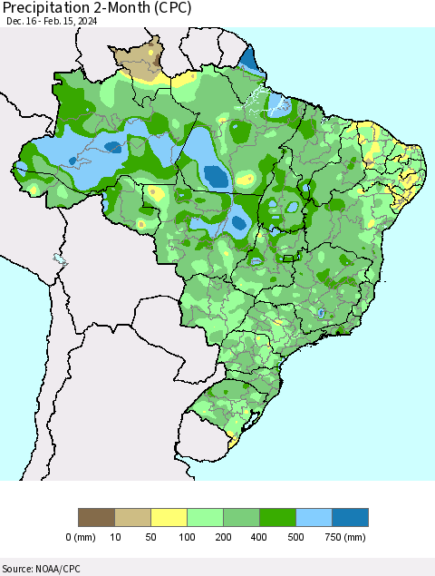 Brazil Precipitation 2-Month (CPC) Thematic Map For 12/16/2023 - 2/15/2024