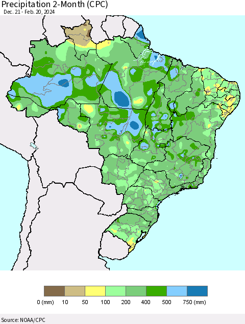 Brazil Precipitation 2-Month (CPC) Thematic Map For 12/21/2023 - 2/20/2024
