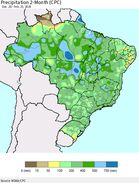 Brazil Precipitation 2-Month (CPC) Thematic Map For 12/26/2023 - 2/25/2024