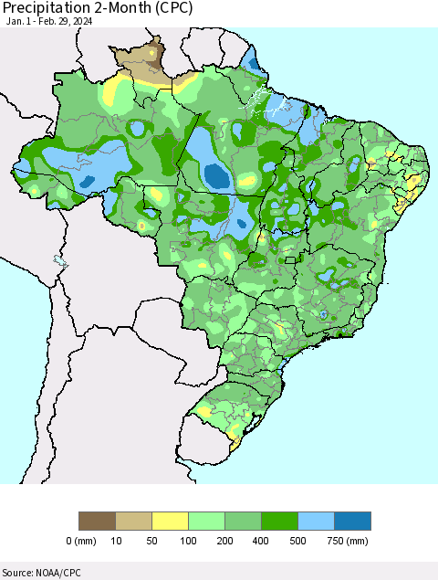 Brazil Precipitation 2-Month (CPC) Thematic Map For 1/1/2024 - 2/29/2024
