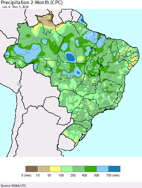 Brazil Precipitation 2-Month (CPC) Thematic Map For 1/6/2024 - 3/5/2024