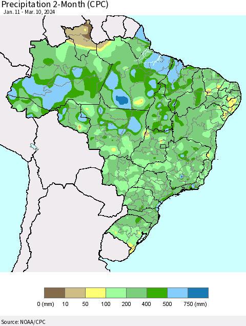 Brazil Precipitation 2-Month (CPC) Thematic Map For 1/11/2024 - 3/10/2024