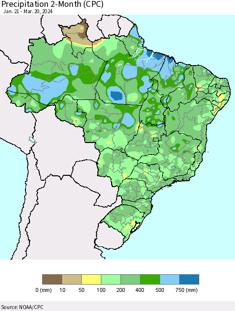 Brazil Precipitation 2-Month (CPC) Thematic Map For 1/21/2024 - 3/20/2024