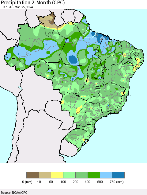 Brazil Precipitation 2-Month (CPC) Thematic Map For 1/26/2024 - 3/25/2024