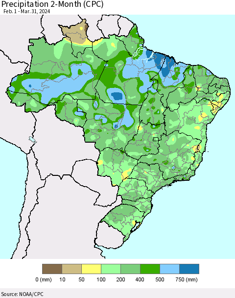 Brazil Precipitation 2-Month (CPC) Thematic Map For 2/1/2024 - 3/31/2024