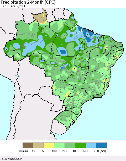 Brazil Precipitation 2-Month (CPC) Thematic Map For 2/6/2024 - 4/5/2024
