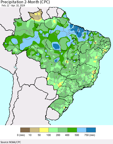 Brazil Precipitation 2-Month (CPC) Thematic Map For 2/11/2024 - 4/10/2024