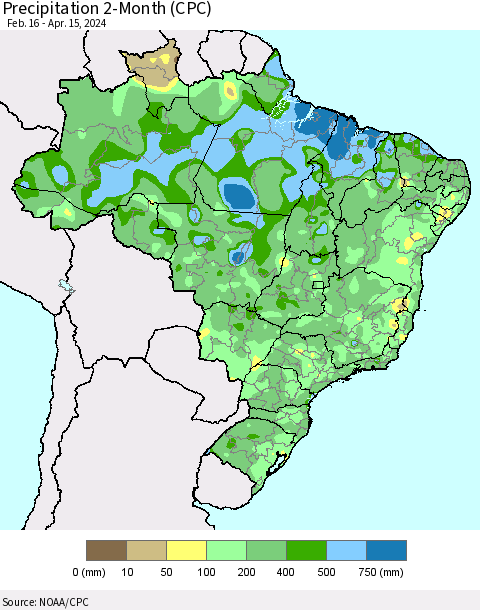 Brazil Precipitation 2-Month (CPC) Thematic Map For 2/16/2024 - 4/15/2024