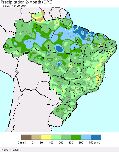 Brazil Precipitation 2-Month (CPC) Thematic Map For 2/21/2024 - 4/20/2024