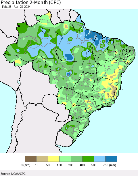 Brazil Precipitation 2-Month (CPC) Thematic Map For 2/26/2024 - 4/25/2024