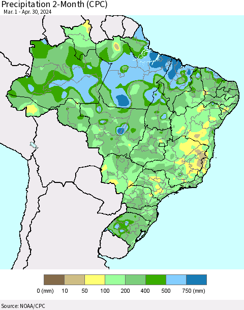 Brazil Precipitation 2-Month (CPC) Thematic Map For 3/1/2024 - 4/30/2024