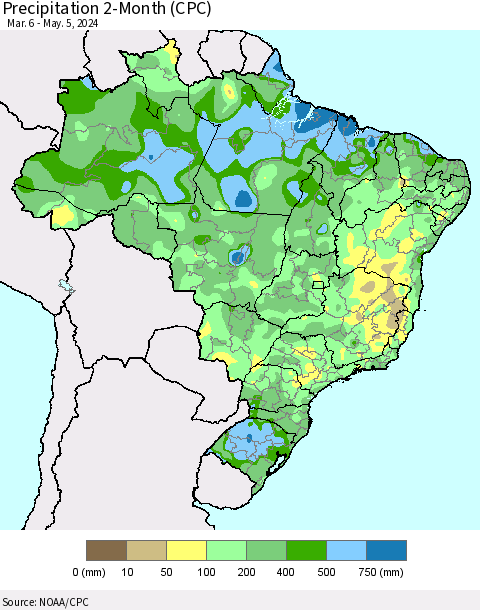Brazil Precipitation 2-Month (CPC) Thematic Map For 3/6/2024 - 5/5/2024