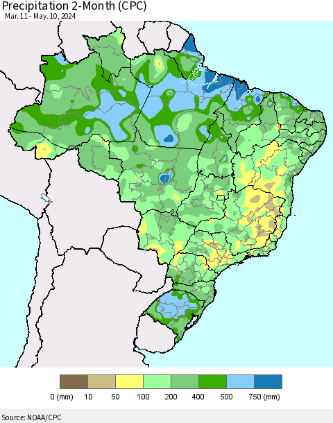 Brazil Precipitation 2-Month (CPC) Thematic Map For 3/11/2024 - 5/10/2024
